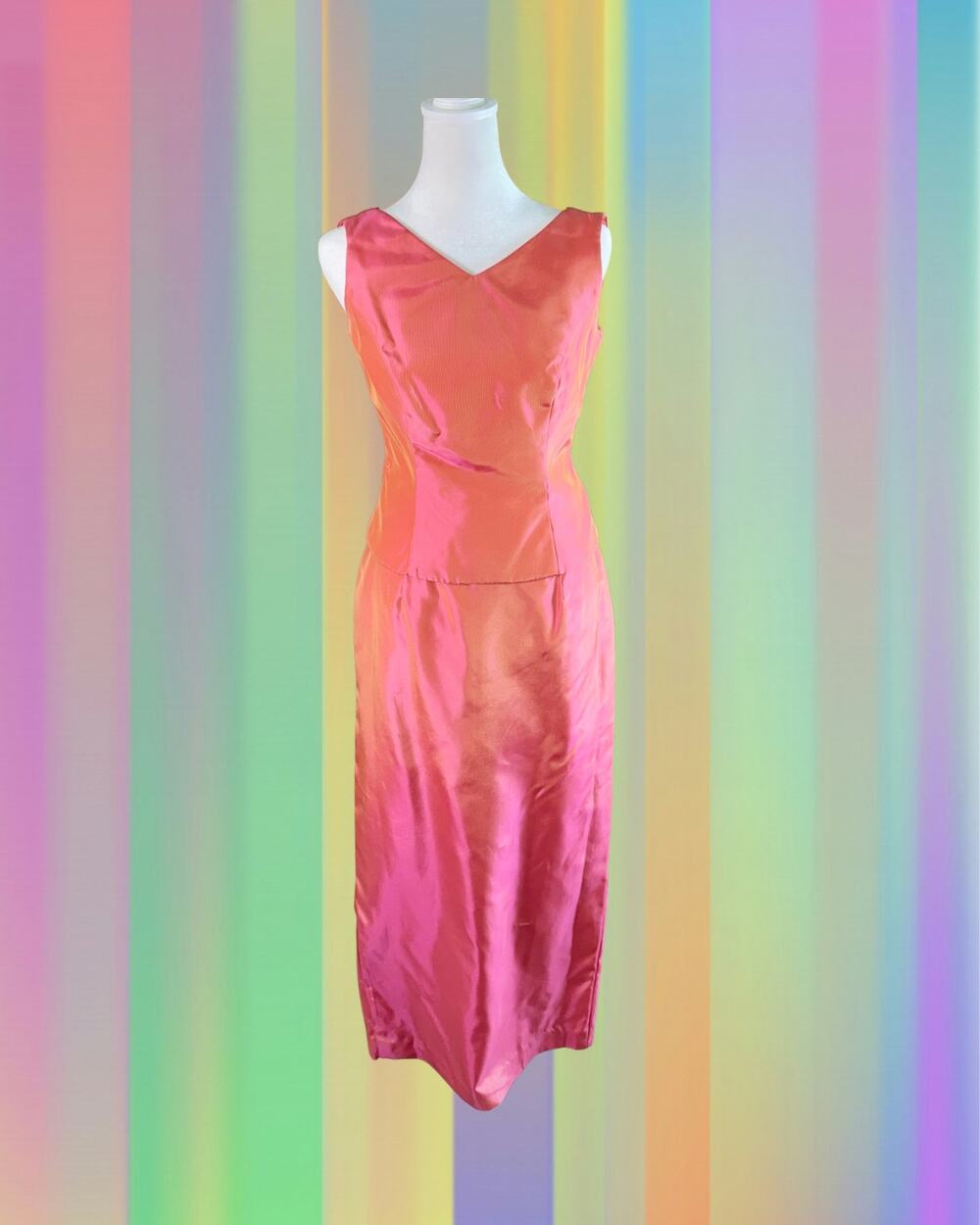 Vintage 90s Michaelangelo Coral Pink Iridescent Ruched Prom Dress Gown 4